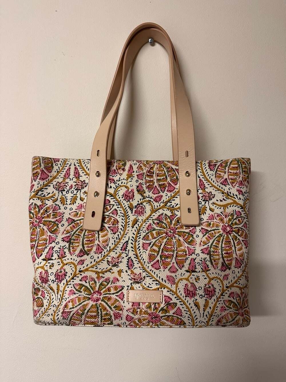 Spartina 449 Pepper Hall Tote Bag Pink Floral Linen w/ Leather Straps.